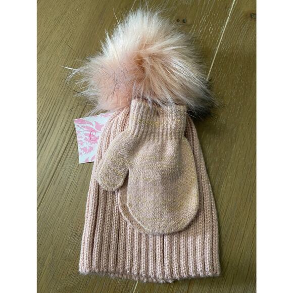 NWT Curls & Pearls Pink with Goldthread hat and mittens set - Picture 1 of 3
